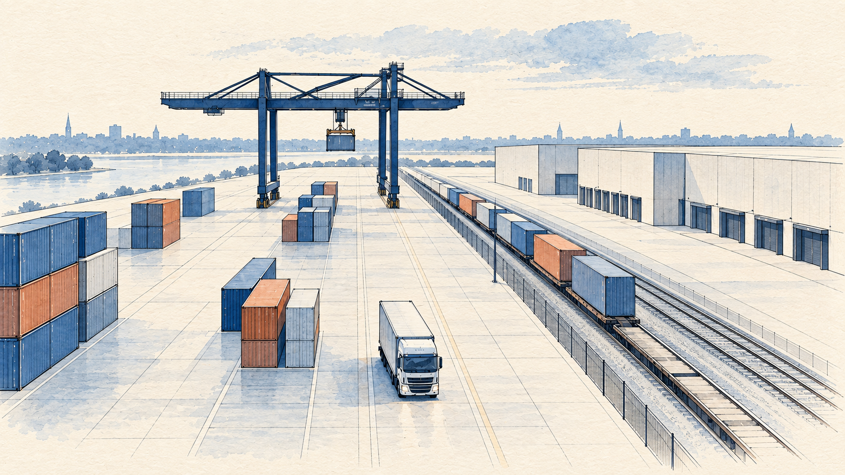 Simplified architectural drawing of an intermodal logistics terminal with a crane, truck, railway and warehouse